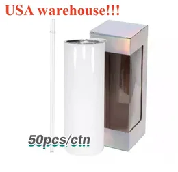 local warehouse sublimation straight tumbler with Holographic box 20oz skinny tumblers 304 Stainless Steel cup plus straw Unique packaging set 50pcs