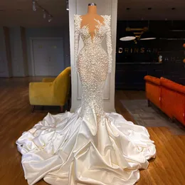 2023 Crystal Mermaid Wedding Dresses Long Sleeves Beads Appliques 레이스 신부 가운 맞춤형 스윕 트레인 멍청이 De Novia