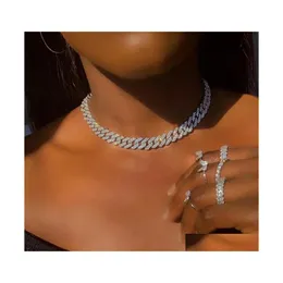 Łańcuchy moda 15 mm kubańskie link Naszyjnik dla kobiet mężczyzn Hip Hop Biżuteria Bling Iced Fl Rhinestone Rapper Choker Naszyjniki Drop Deli Dhhay