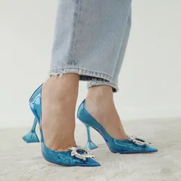 Amina Muaddi Begum Clear Pvc Pompalar Ayakkabı Kristal Düzenli Makara Stiletto Topuklu Sandallar Slip-On Chaussures Kadın Tasarımcıları Elbise Ayakkabı Akşam Topuklu