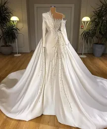 Exquisite Mermaid Wedding Dresses Long Sleeves Satin Appliqued Pearls Beaded Sweep Detachable Train Boho Elegant Wedding Dress Bridal Gowns Sleeves abiti da sposa