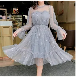 Etnisk klädklänning Mesh Princess Sequined Stars Autumn Elegant O-Neck Bling Fairy Shiny Female Gaze Dresses Women Spring Puff O-N