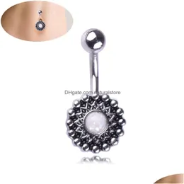 Navel Bell Button Rings Sexy Vintage Round Flower Wasit Belly Dance Crystal Body Jewelry Stainless Steel Piercing Dangle For Women Dherf