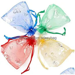 Storage Bags 100Pcs/Lot Organza Bag Transparent Sample Dstring Pouch For Wedding Birthday Christmas Jewelry Gift Drop Delivery Home Dhcof