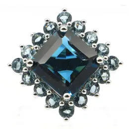 Cluster Rings 22x22mm Gorgeous Square 5G Dark London Blue Topaz Women Engagement Dating 925 Silver