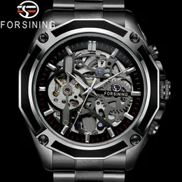 ForSining Automatic Mechanical Men armbandwatch Military Sport Man Clock Top Brand Luxury Black Steel Skeleton New Man Watch 8130 Y270G