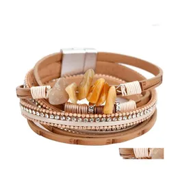 Charm Armbänder Amorcome Natursteine Leder Doppelwickelarmband Strass Breite Mtiple-Schicht für Frauen Brautjungfer Geschenk Schmuck Dhkoq