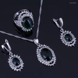 Necklace Earrings Set Clean Huge Oval Green Cubic Zirconia White CZ 925 Sterling Silver For Women Pendant Chain Ring V0269