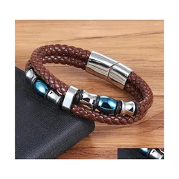 Braccialetti con ciondoli Xqni Grafica geometricamente irregolare Doppi strati Bracciale in vera pelle in acciaio inossidabile Bracciale da uomo 2 colori Drop Dhqsi