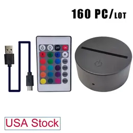 Multicolor Touch Night Light Switch Modern svart USB -kabel fjärrkontroll Akryl 3D LED -nattlampa monterad bas Crestech Stock USA