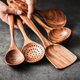 Teak Natural Wood Tableware Spoon Ladle Turner Long Rice Colander Soup Skimmer Cooking Spoons Scoop Kitchen Tool Set