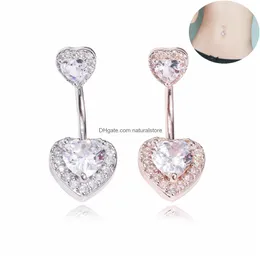 Navel Bell Button Rings Wasit Belly Dance Peach Love Heart Pink Crystal Body Jewelry Acciaio inossidabile Strass Piercing Ciondola Fo Dhfio