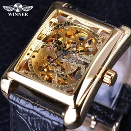 수상자 2017 레트로 캐주얼 시리즈 사각형 다이얼 디자인 황금 패턴 중공 스켈레톤 시계 남자 시계 최고 브랜드 럭셔리 기계식 316h