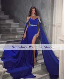 Royal Blue Prom Dress abiti eleganti per mujer larghi Sirena con ordito 2023 Perline a fessura Abiti da sera con tappeto rosso