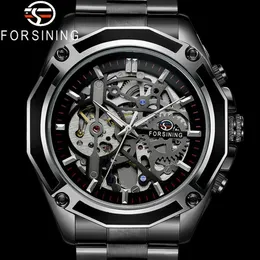 Forsining Automatic Mechanical Men Wristwatch Military Sport Clock Top Brand Luxury Black Steel Skeleton New Man Watch 8130 Y2013