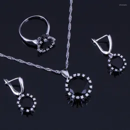 Halskette-Ohrringe-Set, fantastisch, rund, schwarzer Zirkonia, weiße CZ, 925er Sterlingsilber für Damen, Anhänger, Kettenring, V0280