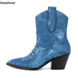 HEELSLOVER MULHER WILL CHELSEA BOTAS UNSISEX Jeels de jeans unissex apontados de ponta dos p￩s Belas Blue Party Shoes Plus Size 5-13