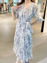 Party Dresses 2022 Japanese Temperament Floral Printed Dress Ruffled Pleated Belt Slim Wasit Robe Femme V-ringen Puff Sleeve Midi Vestidos