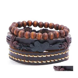 Armreif Jessingshow 3 Teile/satz Vintage Herren Echtes Leder Armband Holz Perlen Charme Mtilayer Geflochtene Frauen Armreifen Schmuck Drop Deliv Dhr3B