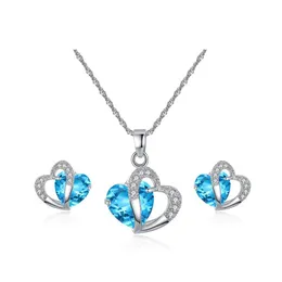 Earrings Necklace Austrian Crystal Jewelry Set Cubic Zirconia Cz Double Heart Shape Pendant Stud Sets For Women Luxury Gift Drop De Dhkaz