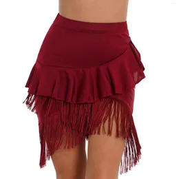 Stage Wear Women Tassel Ruffle Dance Skirt Solid Color Dancewear Latin Samba Tango Cha-cha Cha Ballroom Danom Fantas