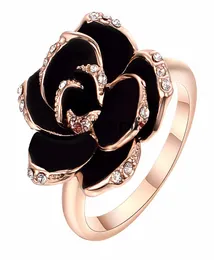 Yoursfs Classic Big Black Rose Flower Rings 18 K Rose Gold Cz Crystal Large Princess Art Deco Rings for Women Noble Fashion2112165