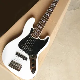 5文字列白いエレクトリックベースギターアクティブサーキットブラックピックガードローズウッドフリーボードカスタマイズ可能
