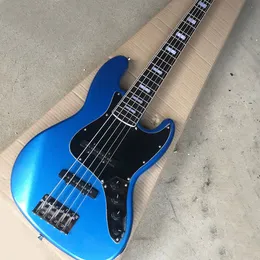 5 strängar Metal Blue Electric Bass Guitar med Active Circuit Black PickGuard Rosewood Freboard anpassningsbar