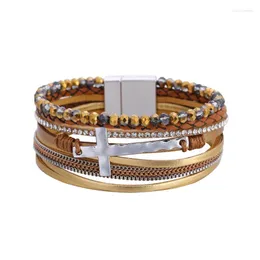 Armreif Bohemia Damen-Armband, kreuzgewebt, mehrschichtig, Kristall, Magnetverschluss, Armband, Charm, handgefertigtes Leder