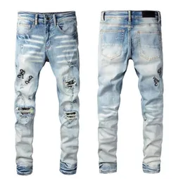 Designer mens amirs jeans denim bordado calças moda buracos calças hip hop angustiado zíper calças para masculino yh21