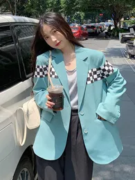 Kvinnors kostymer Korea chic kvinnor grön jacka mode kontrast färgcheckor loss långa ärmar blazer 2022 hösten b685