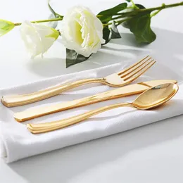 Dinnerware Sets 75-300pcs Disposable Gold Cutlery Plastic Wedding Party Tableware Set Bronze Fork Spoon Birthday Silverware Golden Dinner