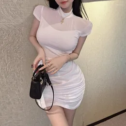 Casual Dresses In The Summer Of 2022 Wind Sexy Net Yarn Splicing Charge Pockets Hip Cultivate One's Morality Short Sleeve Dress