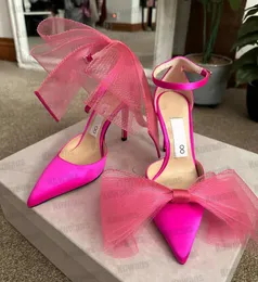 Averly 100 Women Sandal Luxurys Pumps Saeda Aveline 100 Fuchsia Heels Fascinator Bows Asymmetric Bowtie Mesh Wedding Sexy Party Size 35-40