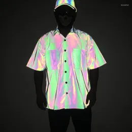 Herren lässige Hemden europäischer und amerikanischer Männer farbenfrohe reflektierende Kurzarm -Hemd Hip Hop Sieben Farbglühen