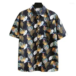 Camisas casuais masculinas masculinas havaianas folhas tropicais estampadas de lapela de lapela de manga curta