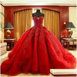 2023 Dark Red Ballgown Wedding Dresses Bridal Gown Sweetheart Neckline Sequins Applique Tulle Satin Sweep Train Custom Made Plus Size Vestido de novia