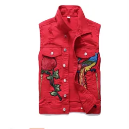 Gloednieuwe heren Red Vest Fashion Herfst Borduurwerk Phoenix Flower Vest Damesmotorfiets Casual Sportswear S-3XL