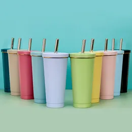 Bicchieri colorati in metallo da 17 once con coperchiBottiglie d'acqua in acciaio inossidabile da 500 ml Bicchieri a doppio isolamento Tazze per latte da bere A12