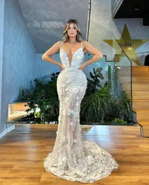 Sexy Mermaid Prom Dresses Sleeveless V Neck Spaghetti Straps Appliques Sequins Floor Length Flowers Pearls Lace Hollow Evening Formal Dresses Plus Size Custom Made