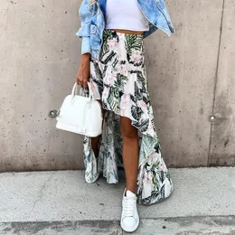 Saias 2022 Verão alta cintura irregular estampa floral feminino elástico babados A-line Salia longa Casual Boho Beach Faldas