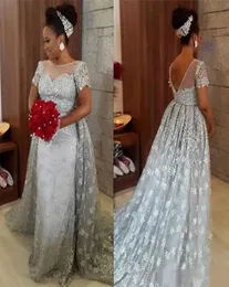 Plusplinise Silberbrautkleider mit kurzen Ärmeln Spitze sexy Rückenfreien abnehmbaren Zug arabische formelle Hochzeitskleider4658992