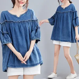 Женские футболки Summer Women Blouse Ladies Ruffles Lantern Eneck V-образные джинсовые топы