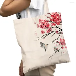 Shopping Bags Pink Peach Blossom Big Capacity Shopper Bag Watercolor Cartoon Plant Tree Bird Double Print Casual Canvas Women