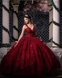 Glitter şarap kırmızı kolsuz v yaka quinceanera elbiseler 3D çiçek aplike kristal boncuklu payetler top kız doğum günü partisi balo elbisesi charro sweet 15 debutante önlük