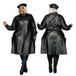 Casual Kleider 2022 Mode Plus Größe Leder Pu Schwarz Hemd Kleid Hemden Drehen Unten Kragen Lose Lange Hülse Bodycon 3XL