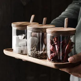 Depolama Şişeleri 3pcs/Set Tuz Şeker Kavanozları Ahşap Kaşık Tepsisi Mutfak Cam Kutu Spice Pot Konteyner Baharat Kavanoz Kase Organizasyonu