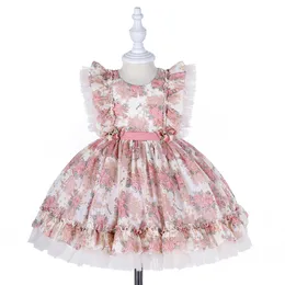 4-9 년 어린이 로리타 드레스 꽃 소녀 스페인어 보라색 꽃 빈티지 스타일 아이 드레스 퍼프 슬리브 가운 멍청이