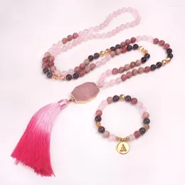 Collana Orecchini Set 108 Mala annodata lunga oro antico Bracciale con ciondoli di loto Mix di pietre naturali Combo multicolori Nappe rosa rosse