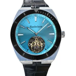 Erkek saati Buz mavisi Tourbillon Içi Boş kadran Aydınlık Otomatik hareket Deri kayış beyefendi Kol Saati 42mm